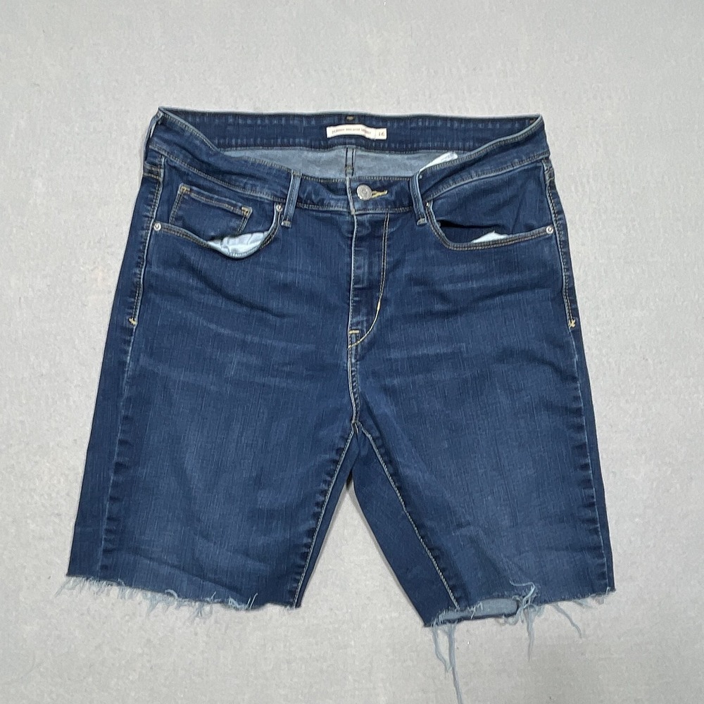 Levis Classic Mid Rise Cut Off Shorts Women 16 Raw Hem Dark Blue Denim Casual